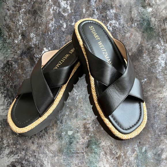 Stuart Weitzman Shoes - Stuart Weitzman size 7 Black Leather Crisscross Rope-Trim Sandals